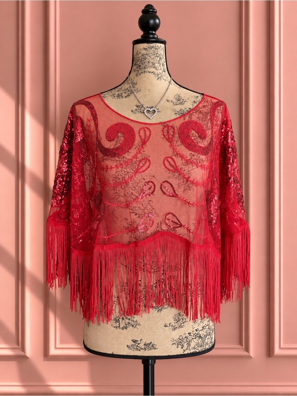 Red Fringe Poncho with Sequins Size O/S